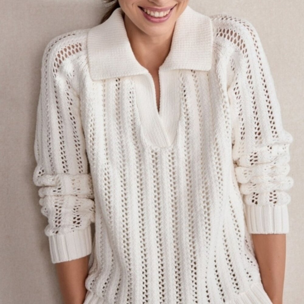 Haven Well Within Elegant White Stitch Johnny Collar Sweater Pullover Size Large